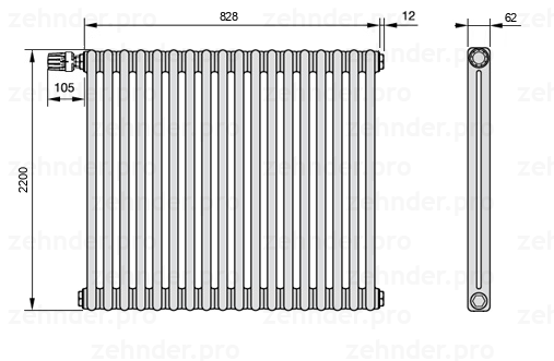 Схема (чертеж) Радиатор Zehnder Charleston 2220/18 №V011 Белый глянцевый RAL 9016